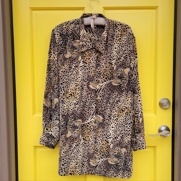 Misho Silk Leopard Big Cat Print Tunic Blouse Marbled Buttons